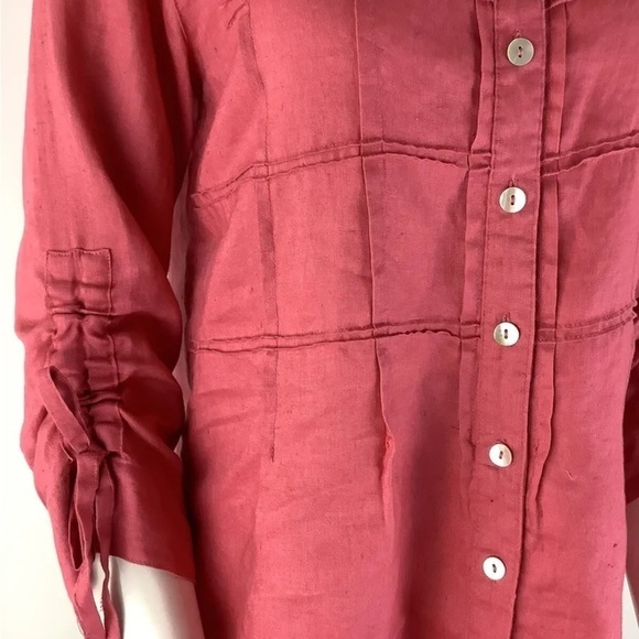 John Mark Sz XS 100% Linen Button Tunic Top Pink Ruched Arms Casual Style - Picture 2 of 6